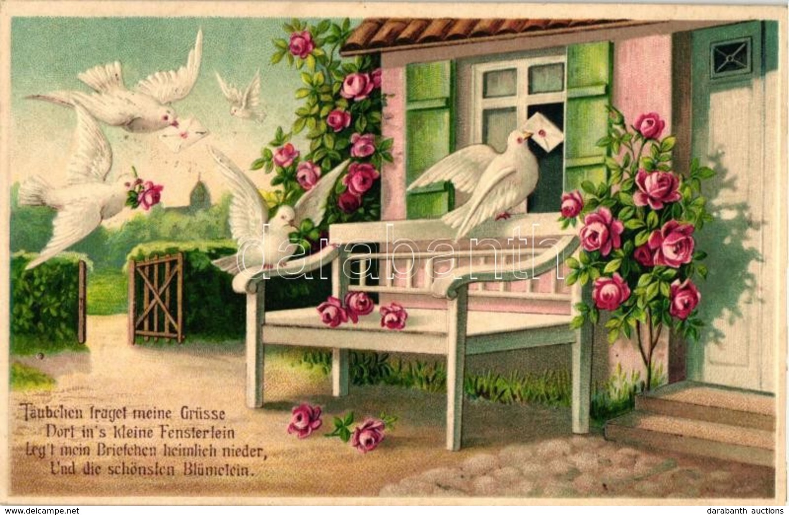 T2 'Taubchen Traget Meine Grüsse...' / Doves With Letters, Roses, Litho, Emb. - Zonder Classificatie