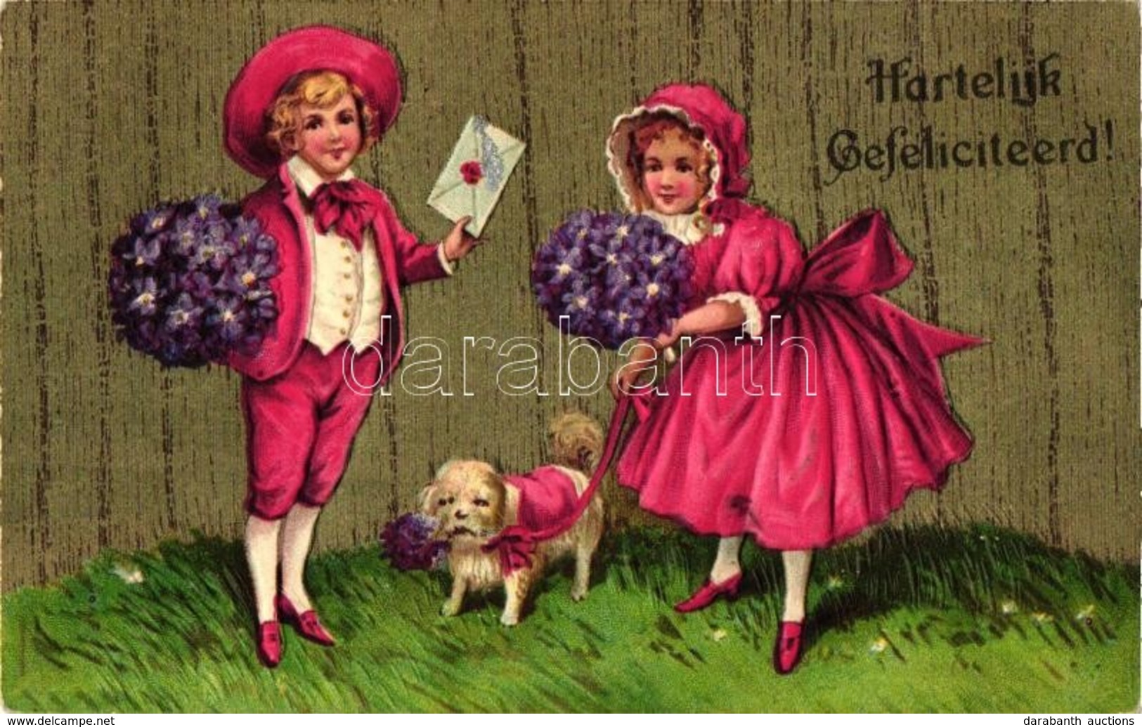 * T2/T3 'Hartelijk Gefeliciteerd!' / Greeting Card, Children With Dog, M.A.B. No. 18254, Litho, Emb. (Rb) - Zonder Classificatie