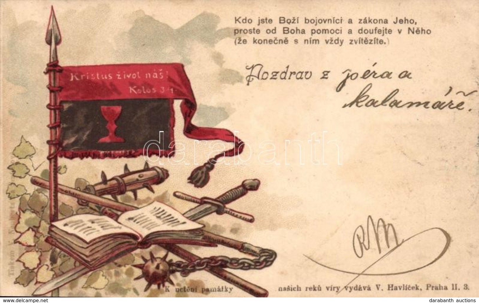 T2 Kristus Zivot Nás! Kolos 34. / Christian Religious Postcard, Flag, Bible, Litho - Zonder Classificatie