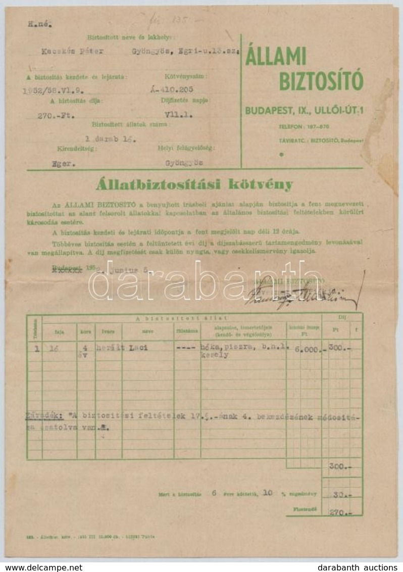 Budapest 1952. 'Állami Biztosító - Állatbiztosítási Kötvény' Kitöltött Kötvény T:III - Zonder Classificatie