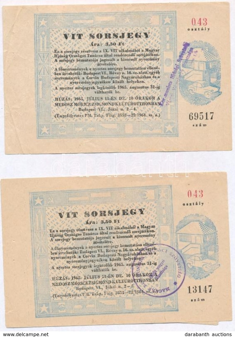 Budapest 1965. 'VIT' Sorsjegy 3,5Ft értékében (3x) Közte 2db Sorszámkövető T:II,III - Zonder Classificatie