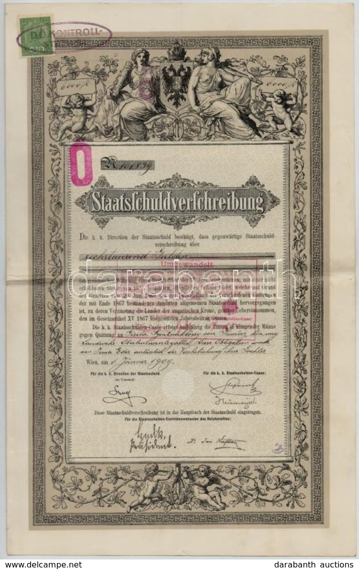 Ausztria / Bécs 1908. 'Staatsschuldverschreibung (Államadósság Kötvény)' 6000G-ről, Névre Szóló, Szárazpecséttel, Bélyeg - Zonder Classificatie