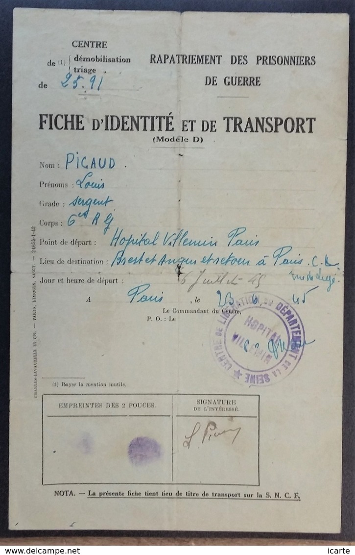 Fiche De Transport Rapatriement Prisonnier De Guerre Cachet Hôpital Villemin Paris Vers Brest Juin 1945 - Guerre De 1939-45