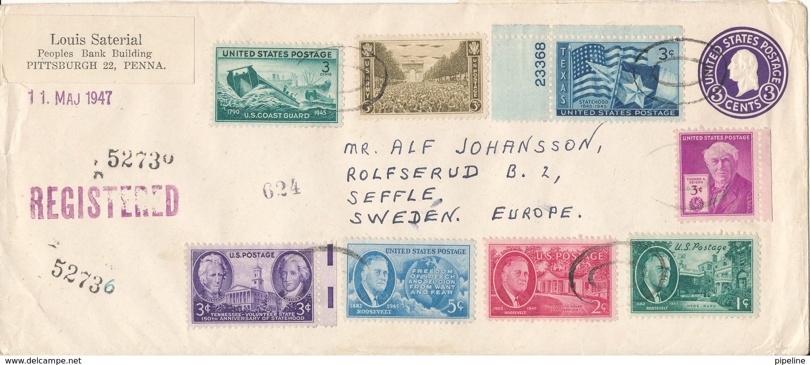 USA Registered Uprated Postal Stationery Cover Sent To Sweden New York 27-4-1947 With More Topic Stamps - 1941-60