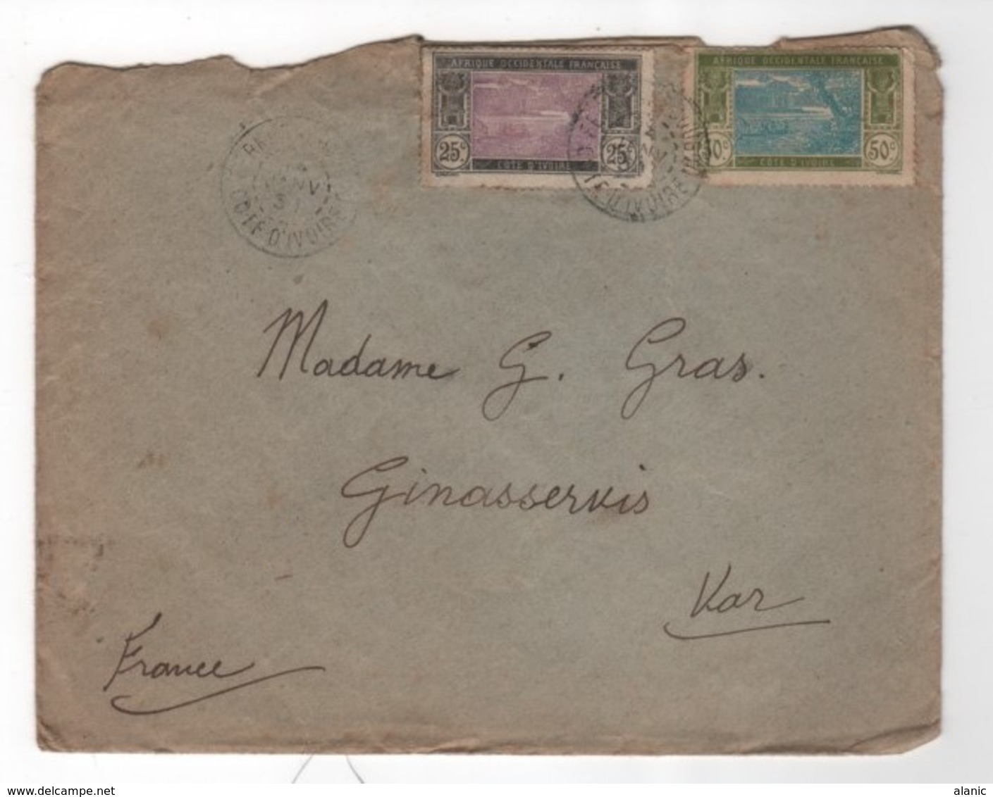 Côte-d'Ivoire (1892-1944)Sur /L-N°65 & N°69 Départ FERKESSEDOUGOU Dest: Ginasservis  (VAR) - Cartas & Documentos