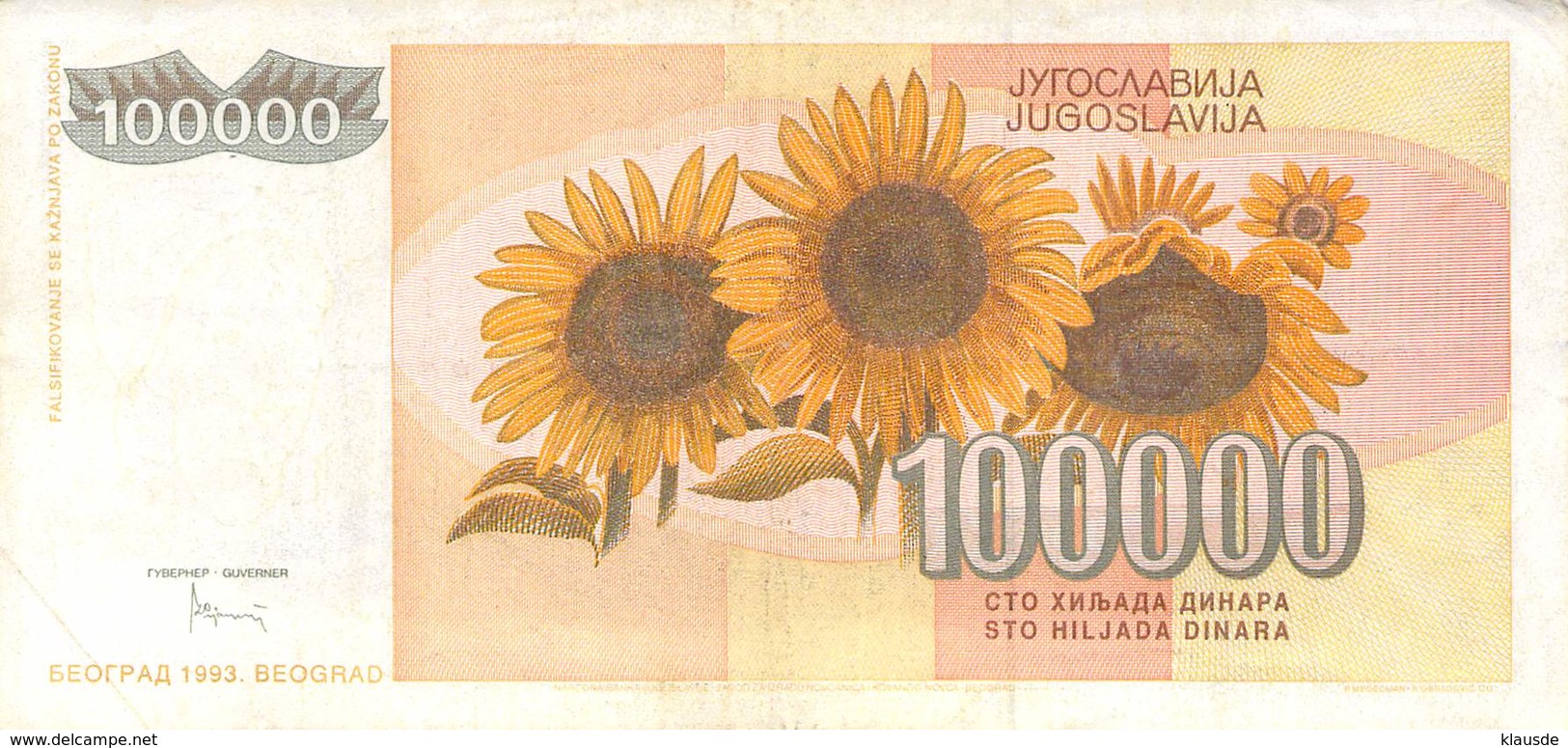 100000 Dinar Banknote Jugoslawien 1993 VF/F (III) - Yugoslavia