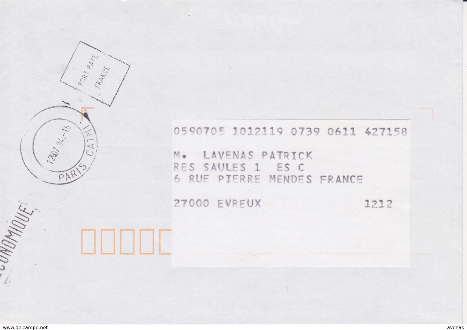 Lettre 1994 Oblitération TàD PARIS CATMI Machine à Oblitérer SECAP HM Aménagée PORT PAYE FRANCE Flamme ECONOMIQUE - Handstempels