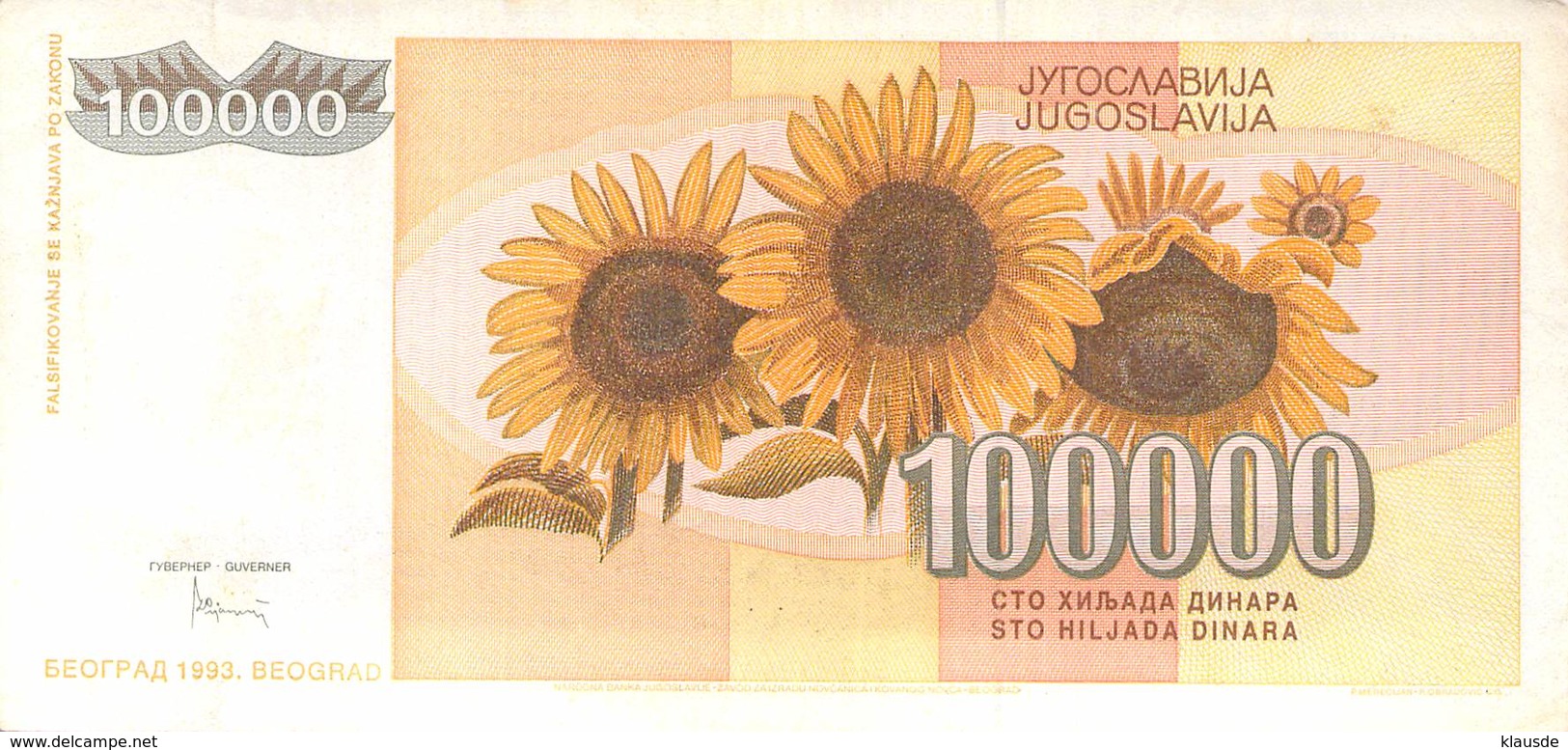 100000 Dinar Banknote Jugoslawien 1993 VF/F (III) - Jugoslawien