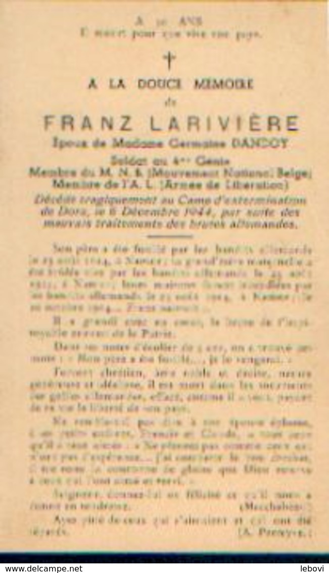 Souvenir Mortuaire LARIVIERE Franz – Soldat Au 4e Génie, Membre Du M.N.B Et De L’A.L. Mort Au Camp D’extermination --> - 1939-45