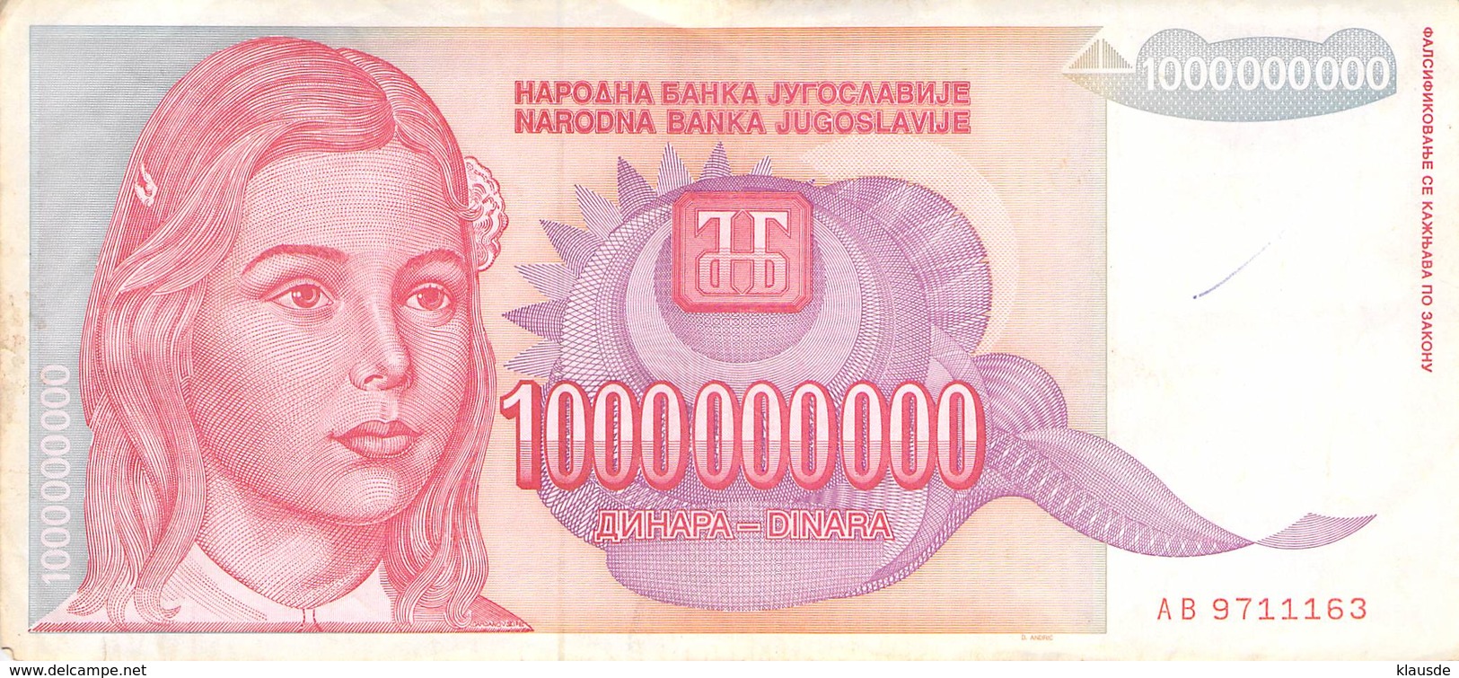 100000000 Dinar Banknote Jugoslawien 1993 VF/F (III) - Jugoslawien