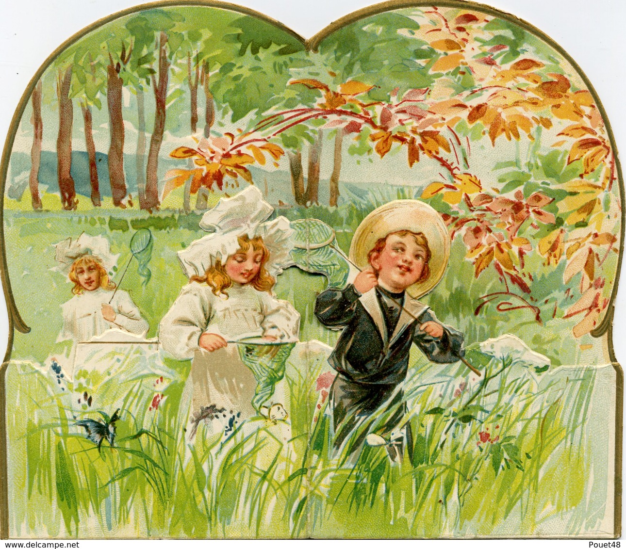 Chromo Au Bon Marché 1902, Système  Pop-up -  Enfants, Chasse Aux Papillons. - Au Bon Marché