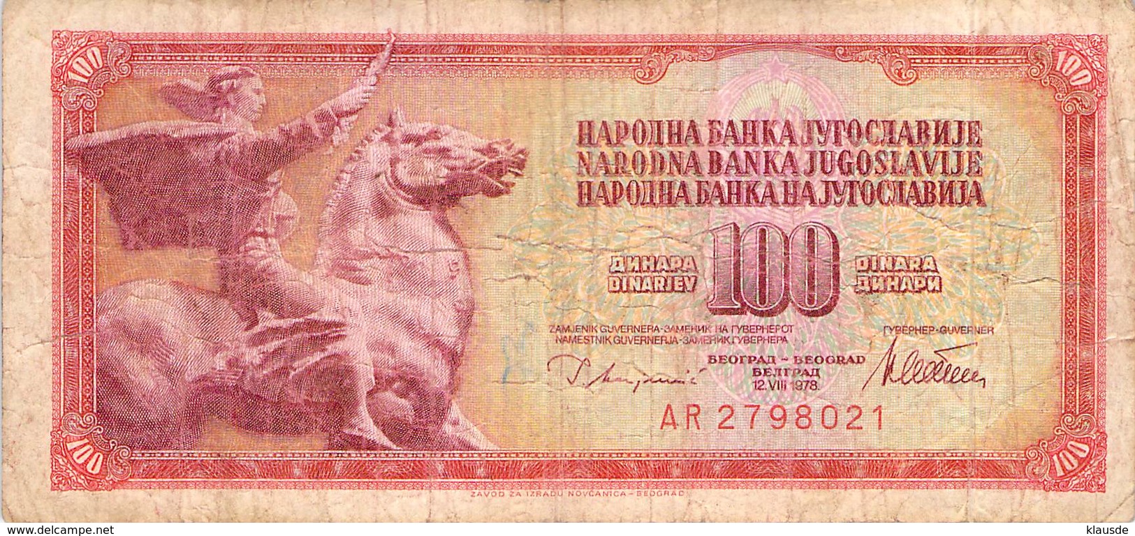 100 Dinar Banknote Jugoslawien 1978 VF/F (III) - Jugoslawien