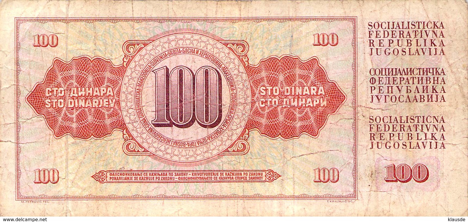 100 Dinar Banknote Jugoslawien 1978 VF/F (III) - Jugoslawien