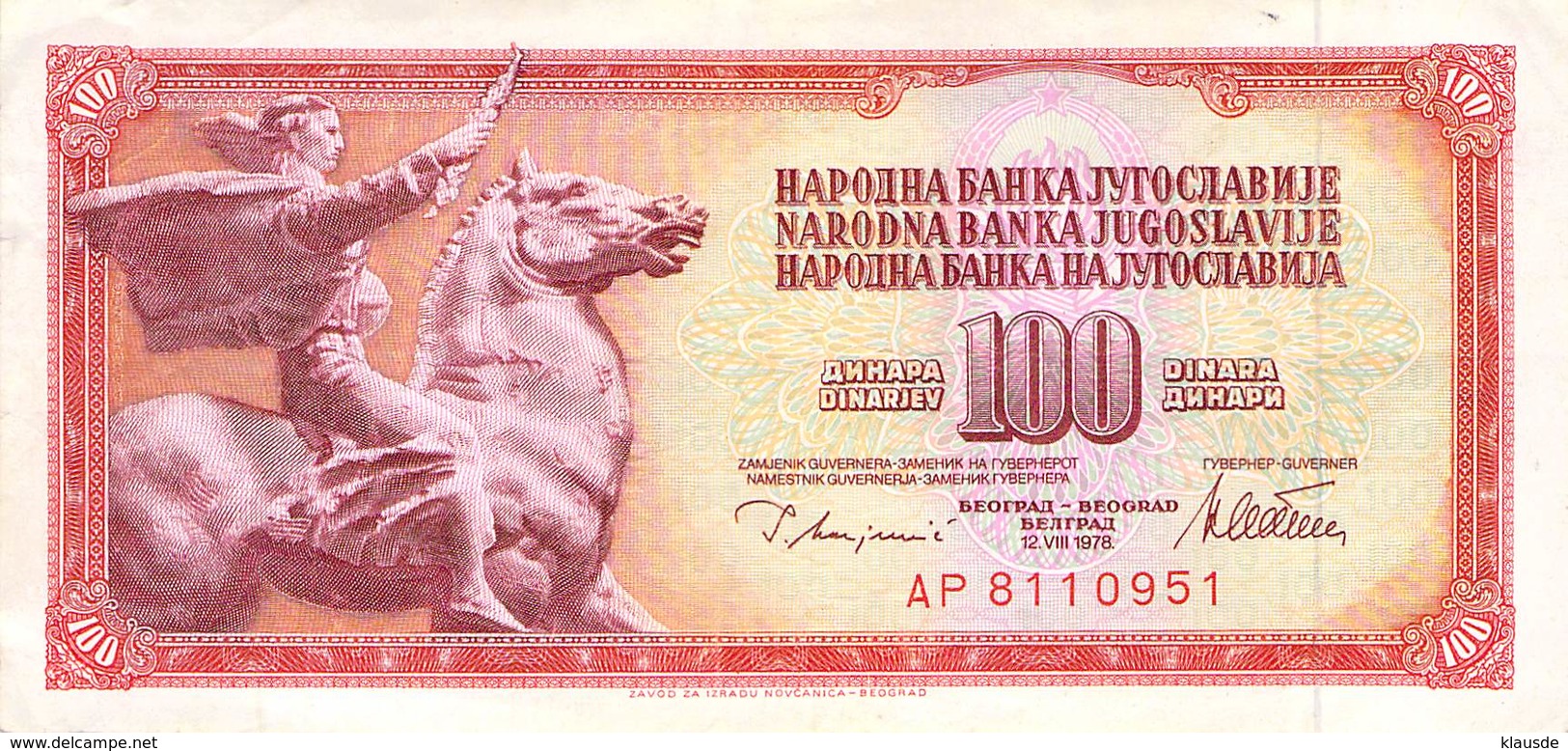 100 Dinar Banknote Jugoslawien 1978 VF/F (III) - Yugoslavia