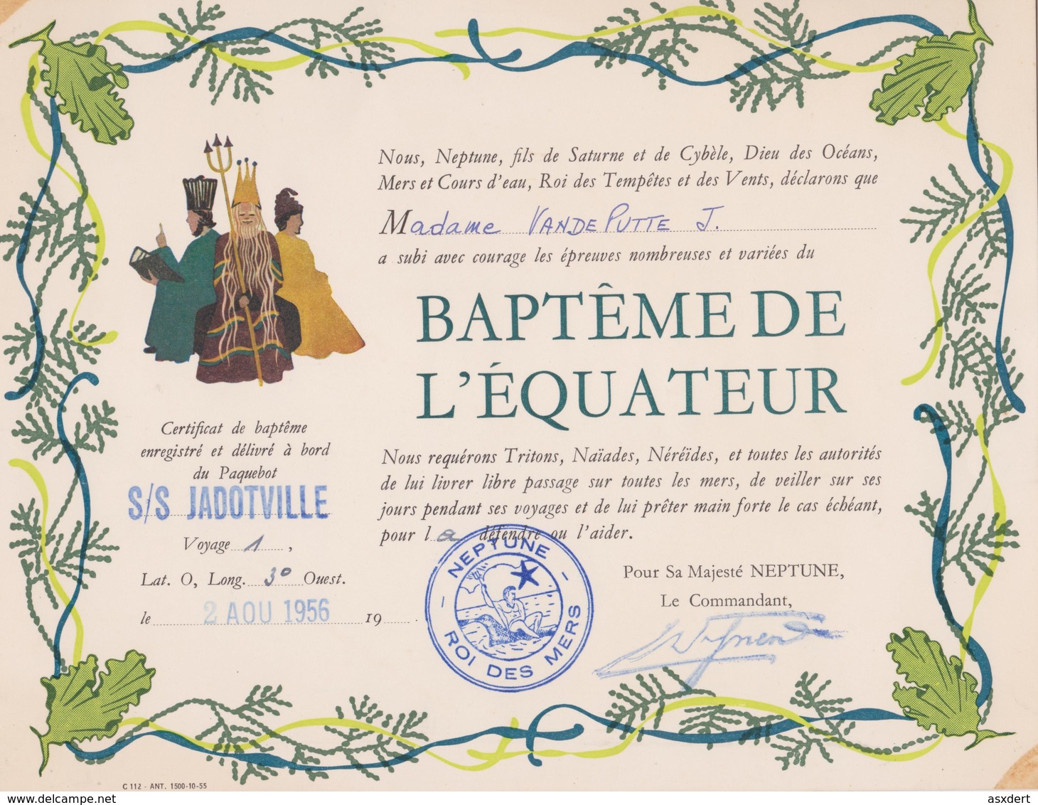 Certificat De BAPTEME Paquebot: S/S JADOTVILLE. Délivré à Bord, Le 2-8-1956 - Documents Historiques