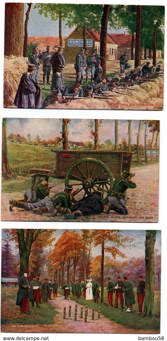 6 Cartes Publicitaires DUBONNET (dos) *convalescents *lanciers Belges *tranchées *fusiliers Marins *taubé * Infantererie - Publicité