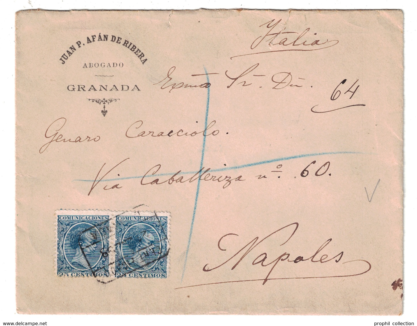 ESPAGNE SPAIN - LETTRE COVER RECOMMANDÉE REGISTERED CERTIFICADO De GRANADA Pour NAPOLI ITALIE ITALIA JUAN AFAN DE RIBERA - Storia Postale