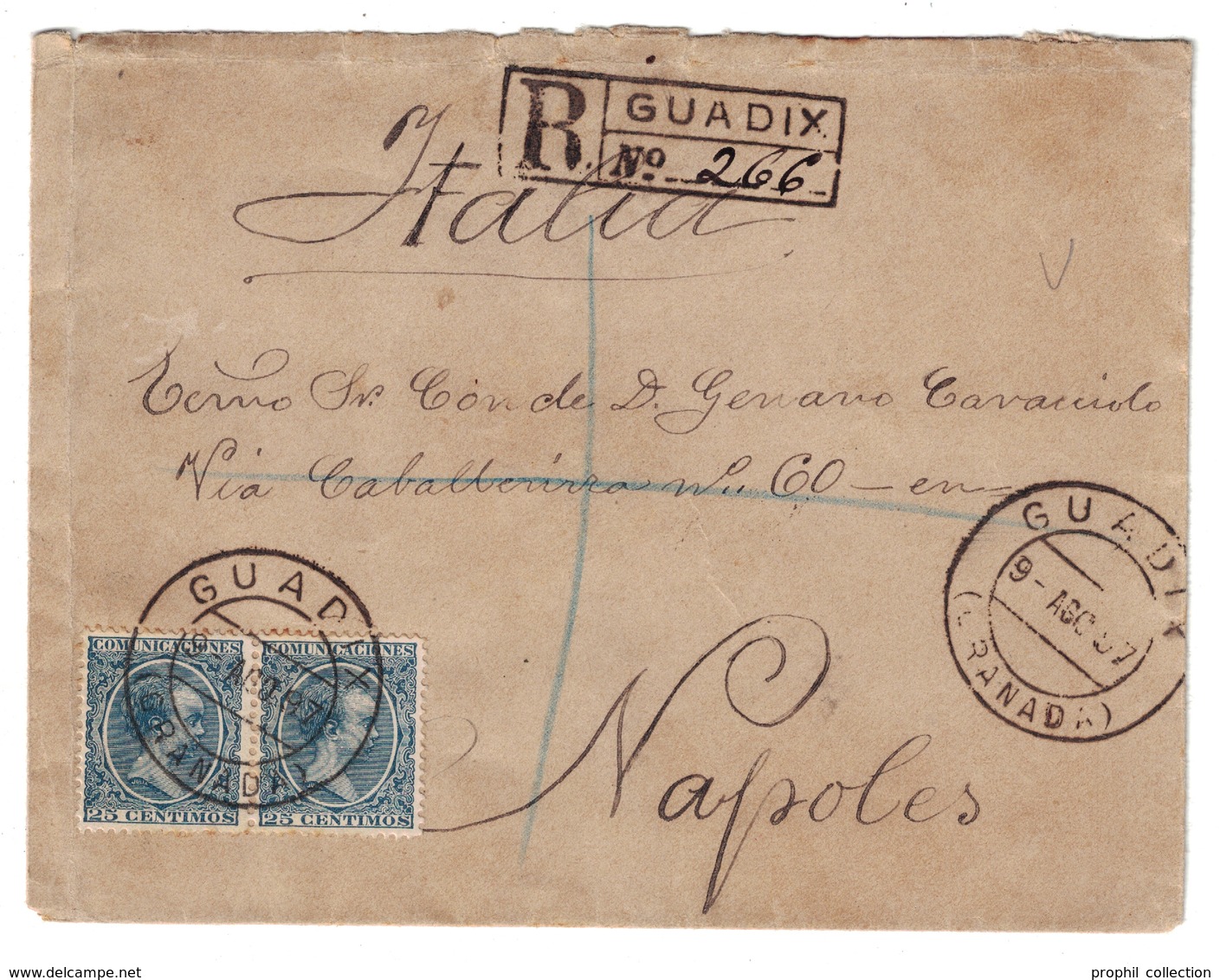 ESPAGNE SPAIN - LETTRE COVER RECOMMANDÉE REGISTERED CERTIFICADO De GUADIX Pour NAPOLI ITALIE ITALIA NAPOLES - Lettres & Documents