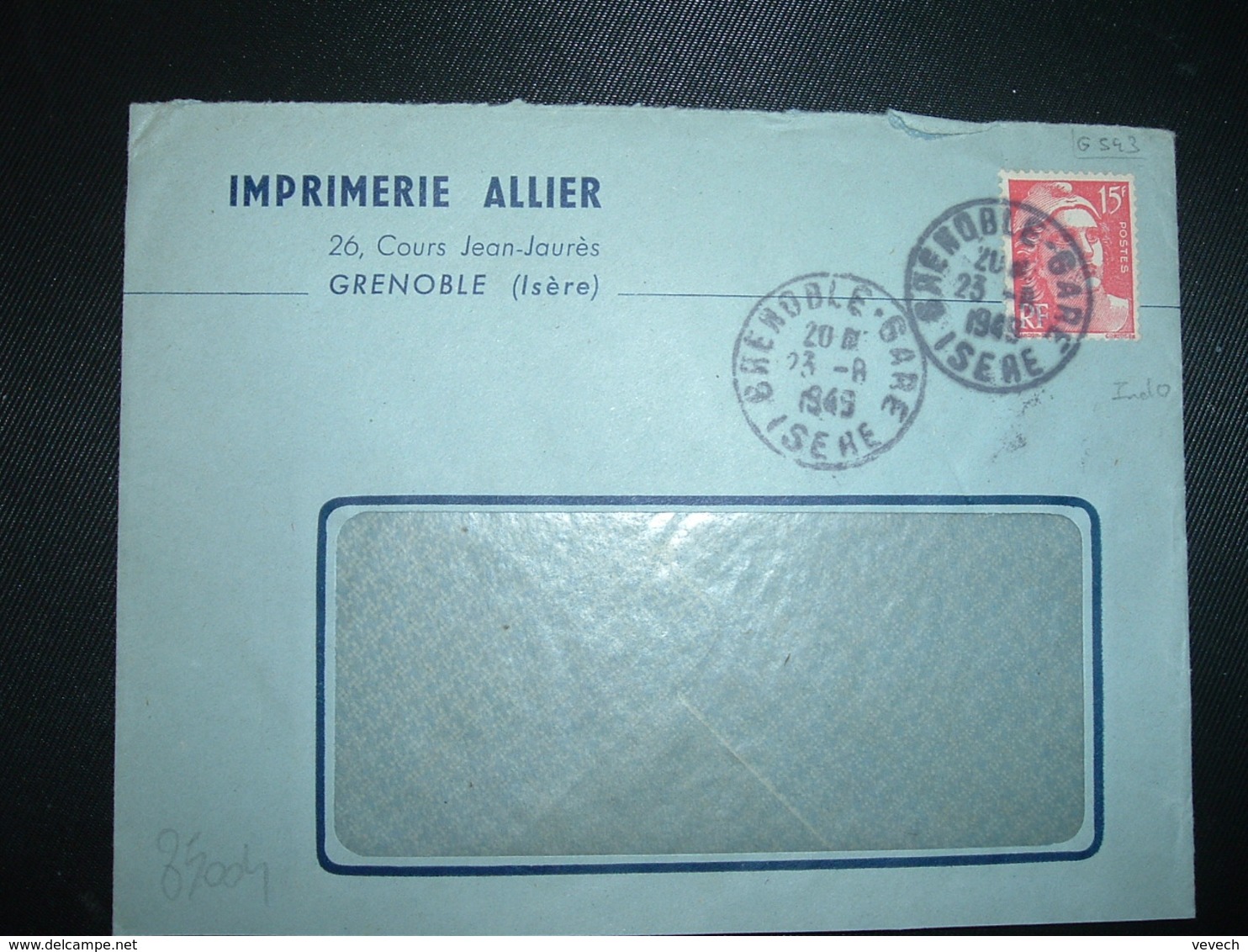 LETTRE TP M. DE GANDON 15F OBL.23-8 1949 GRENOBLE-GARE ISERE (38) + IMPRIMERIE ALLIER - Railway Post