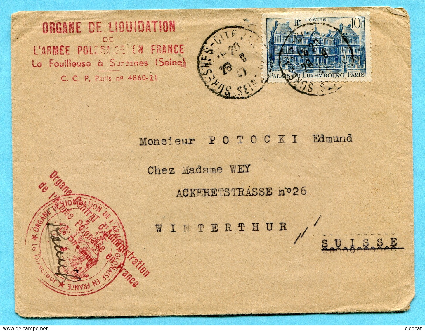 Brief Absender: Organe De Liquidation L?Armee Polonaise En France 1937 - Storia Postale