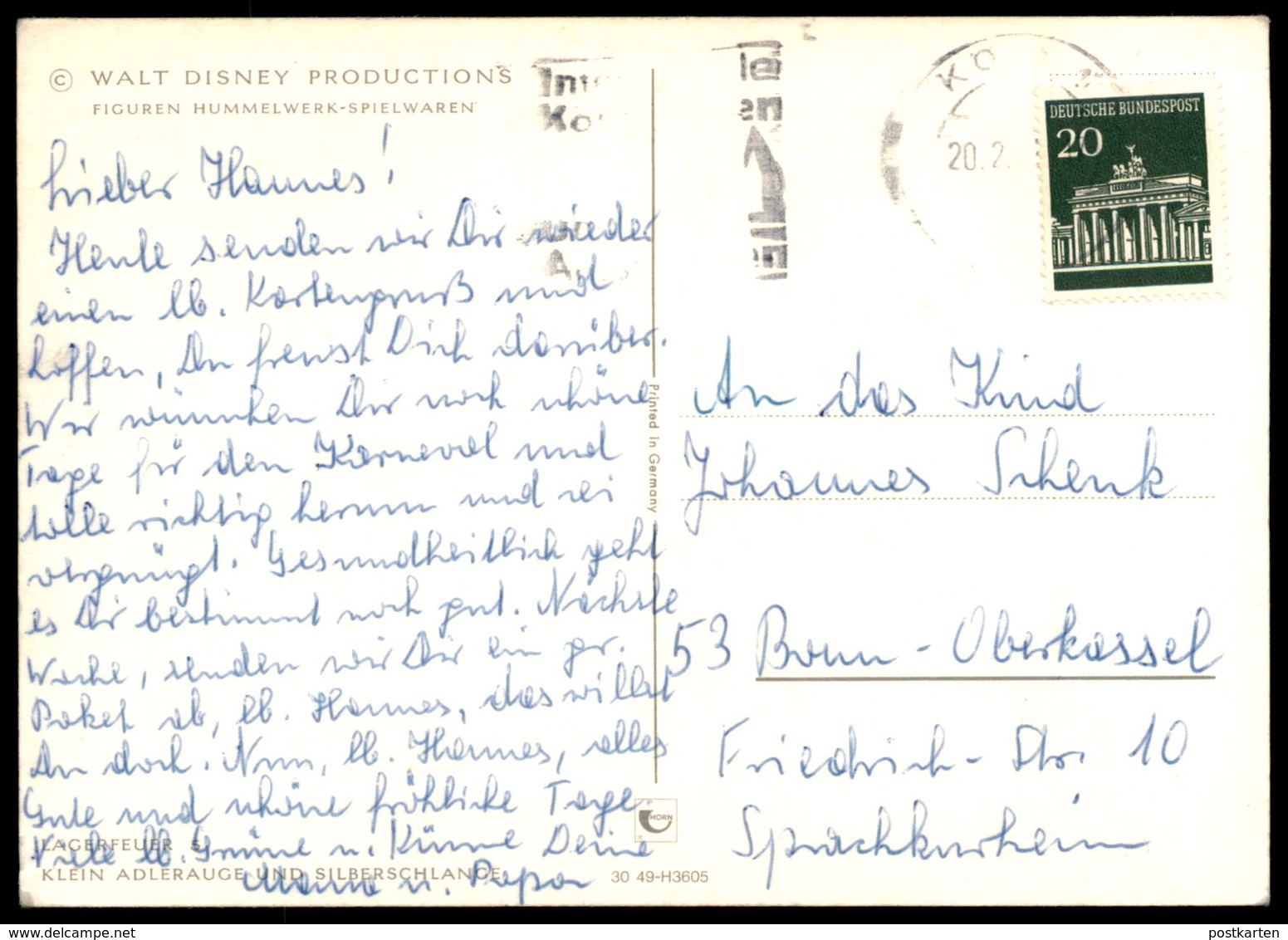 ÄLTERE POSTKARTE HUMMELWERK LAGERFEUER KLEIN ADLERAUGE UND SILBERSCHLANGE WALT DISNEY Cpa Postcard Ansichtskarte - Sonstige & Ohne Zuordnung