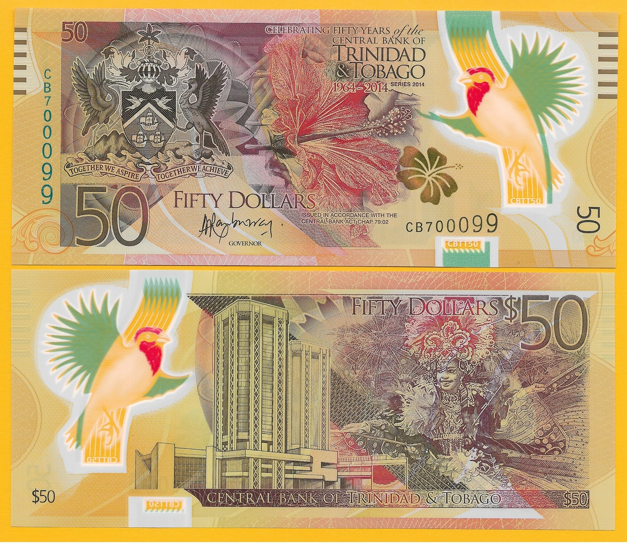 Trinidad & Tobago 50 Dollars P-54 2014 (Prefix CB) Commemorative UNC Polymer - Trinidad & Tobago