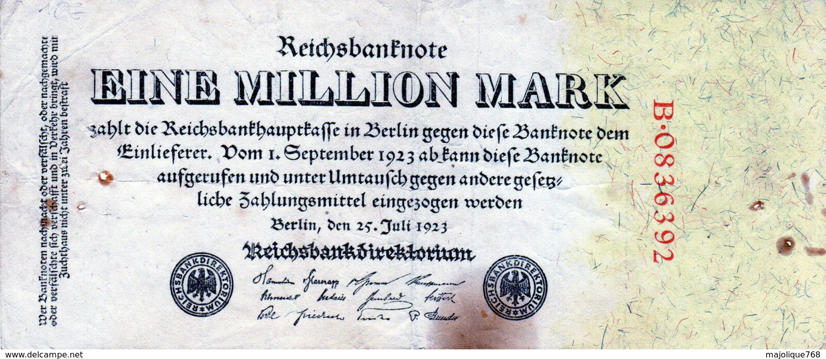 Billet Allemand De 1 Million Mark Le 25-7-1923-7 Chiffres Rouge En T B Uniface - 1 Miljoen Mark