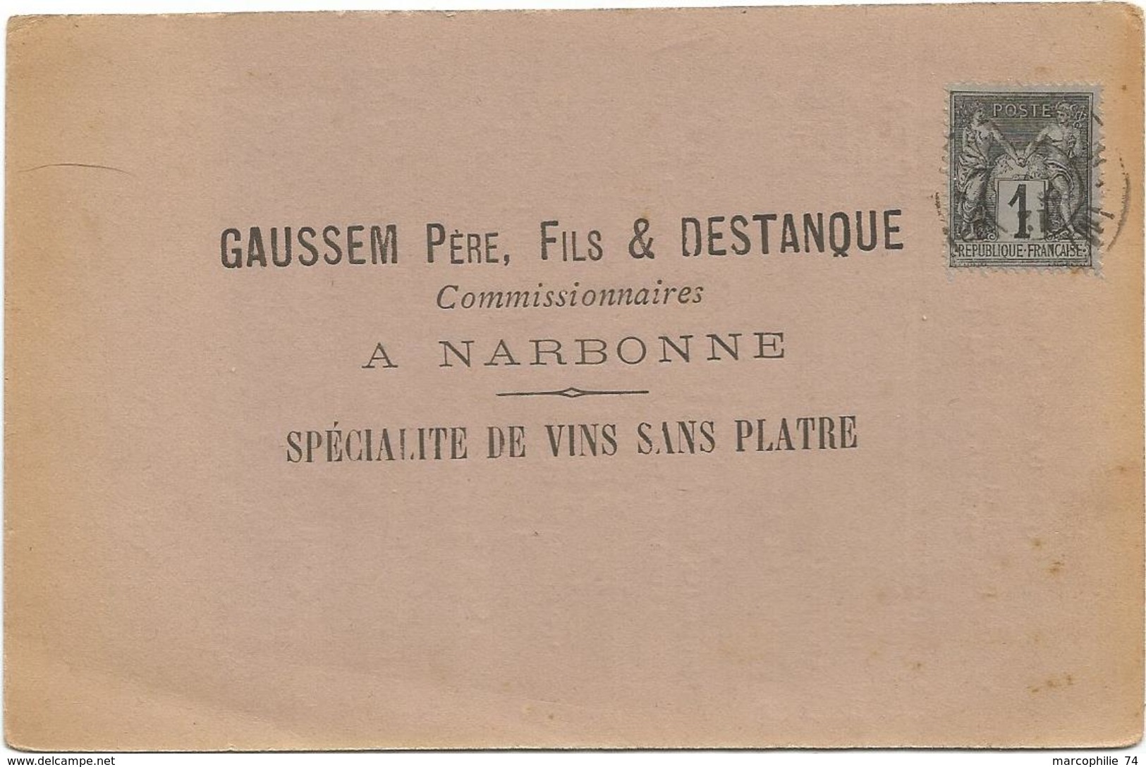 SAGE 1C SEUL IMPRIME NARBONNE  CARTE PRIVEE PUB NARBONNE GAUSSEM 1889 - 1877-1920: Période Semi Moderne