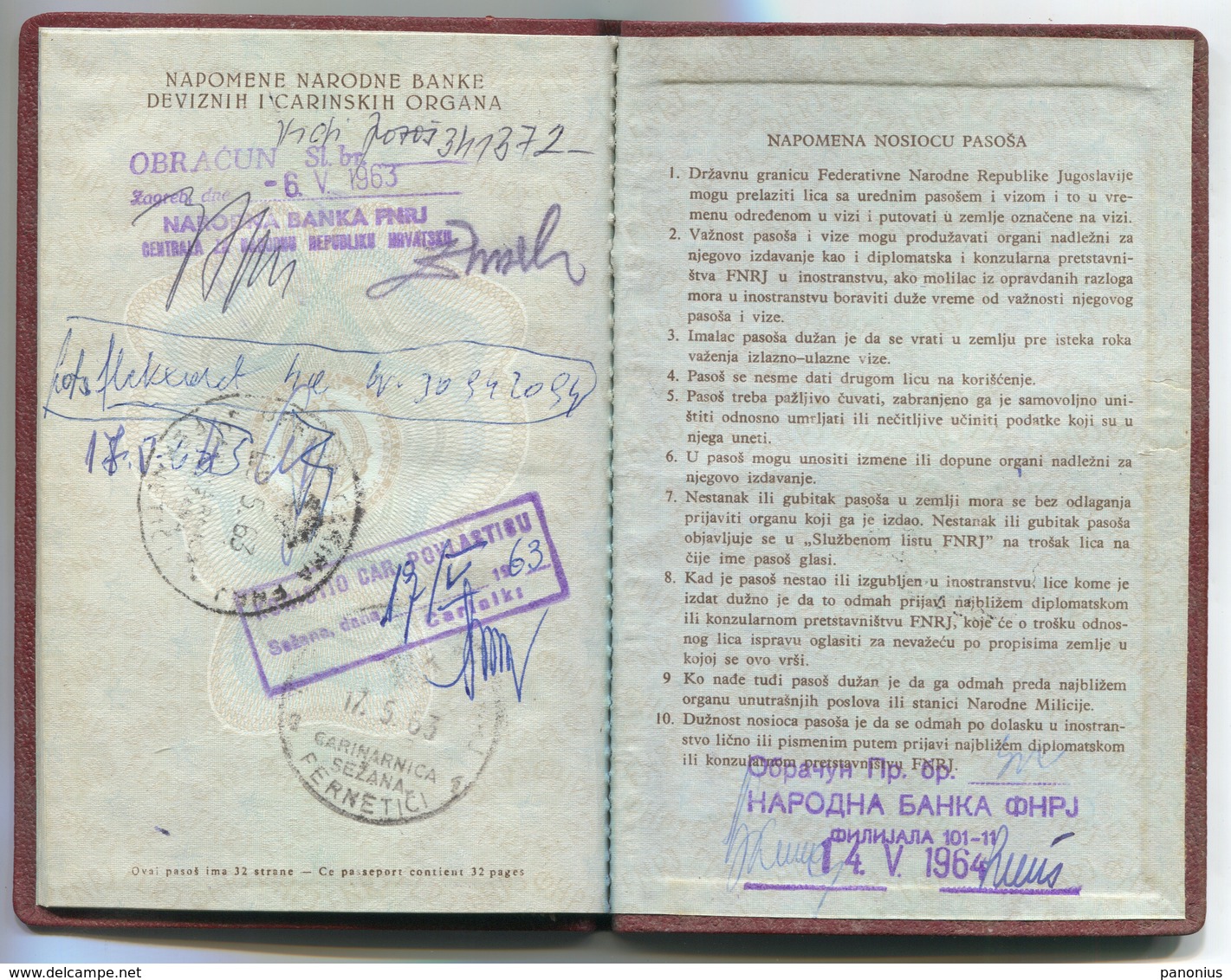 YUGOSLAVIA / PASSPORT REISEPASS 1963. - WITH VISAS FOR  ITALY FRANCE