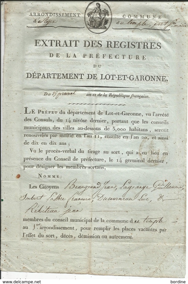 LOT Et GARONNE - TEMPLE-PORT Ste MARIE - PV De Nomination - 1803 - RRR - Historical Documents