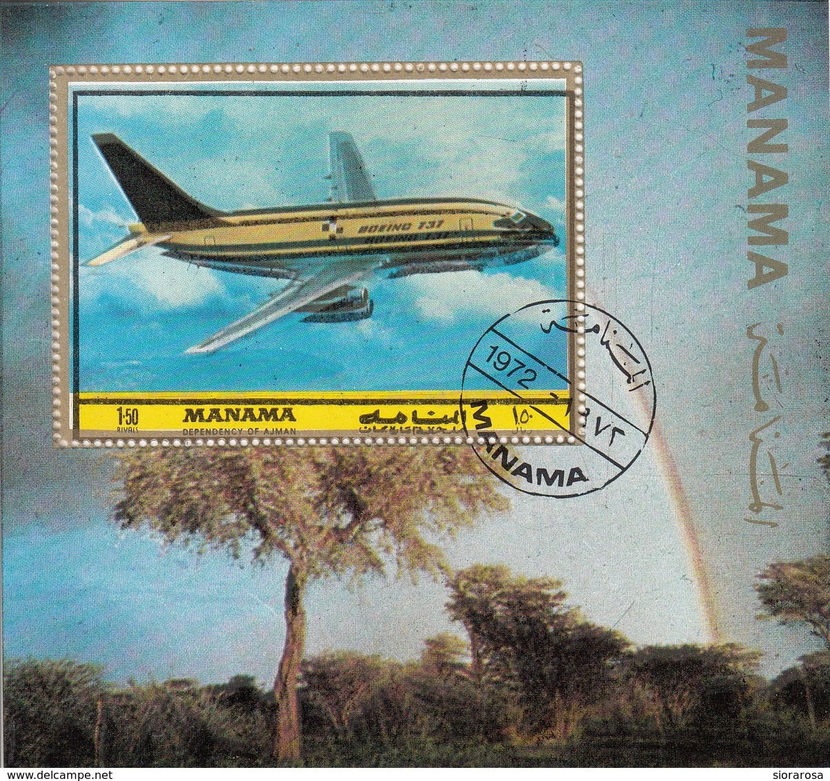 Manama 1972 Bf. 213A  Plane Aereo Boeing 737 Aviazione Civile CTO Sheet Perf. - Guinea (1958-...)