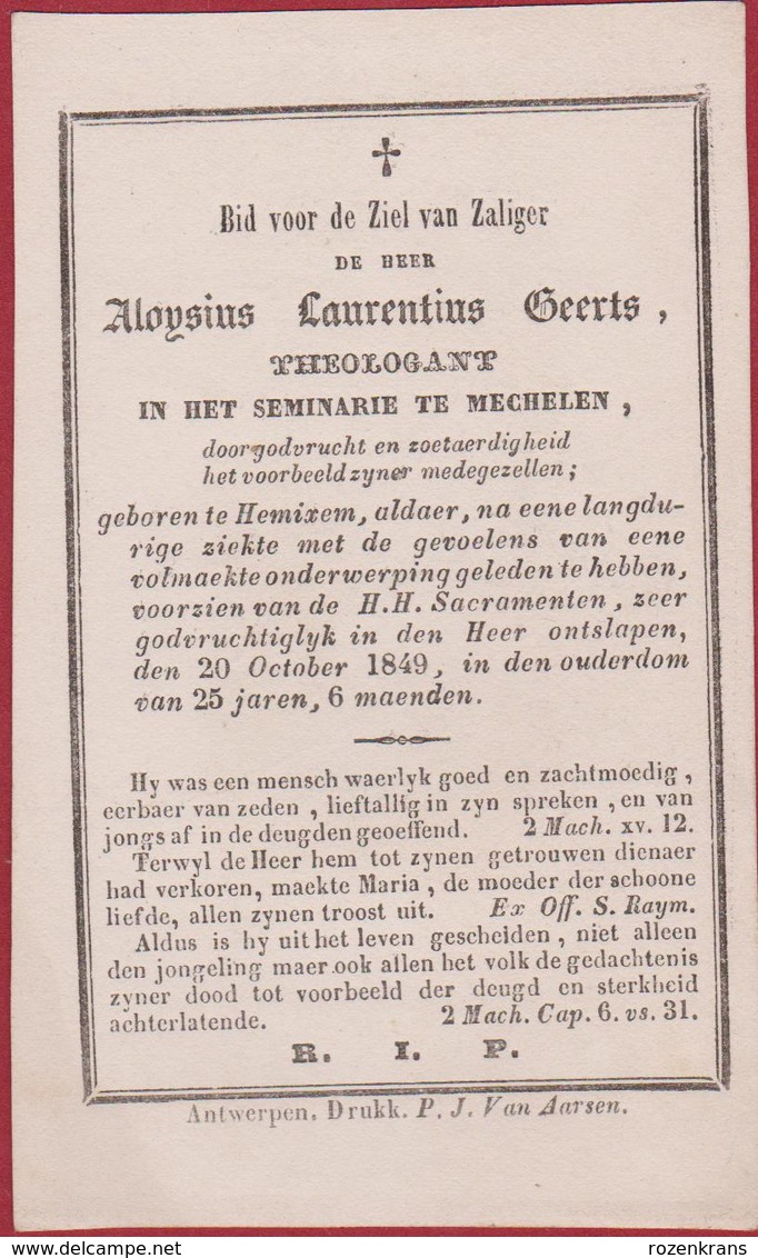 Geerts Hemixem 1849 Chez Letaille Paris St Ange Gardien Santini Canivet Zeer Oud Doodsprentje Bidprentje Image Mortuaire - Hemiksem