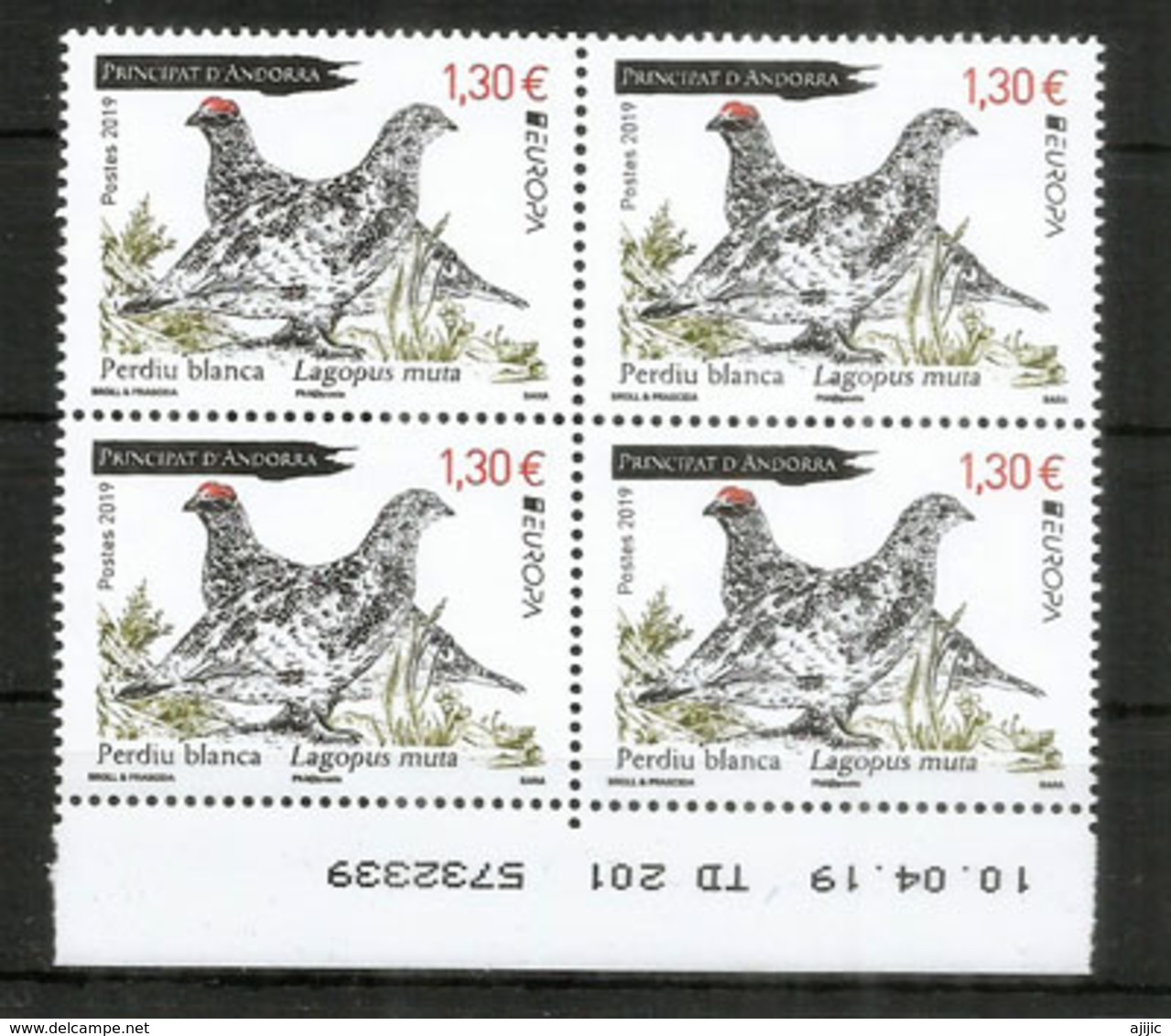 La Perdrix Des Neiges, ANDORRA EUROPA 2019, Bloc De 4 Neufs **, Hautes Faciales, Bord De Feuille - Unused Stamps