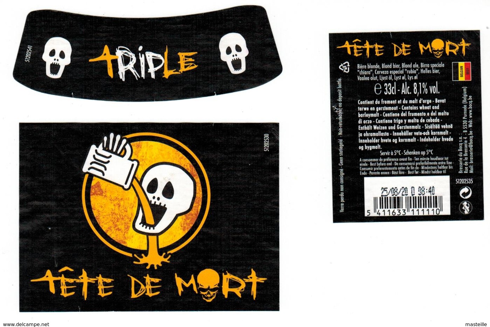 Etiquette Bière Tête De Mort 33 Cl Brasserie Du Bocq, Purnode Bier Etiket Beer Label Front + Back + Collar - Birra