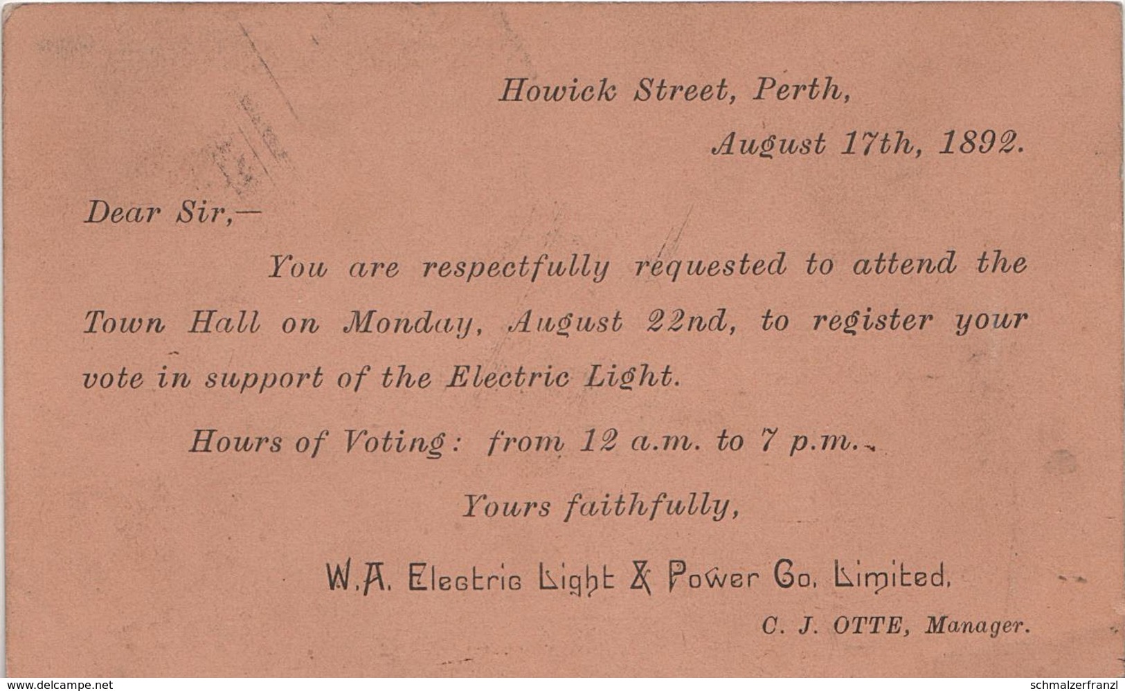 Postcard Postal Stationery AK Perth 1892 Vote Electric Light Power Co Limited Western Australia WA Australien Australie - Perth