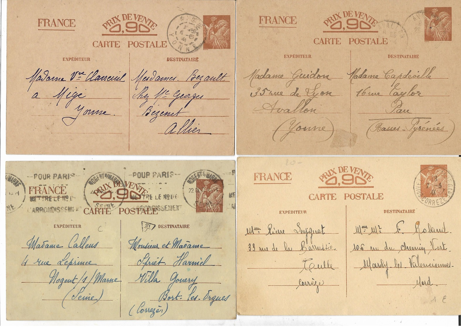 1940-41- Lot De 4 Entiers Postaux IRIS SANS  Avec Cachets Différents -NOGENT S/MARNE- MIGE-AVALLON Et BRIVE LA GAILLARDE - Cartes Postales Types Et TSC (avant 1995)