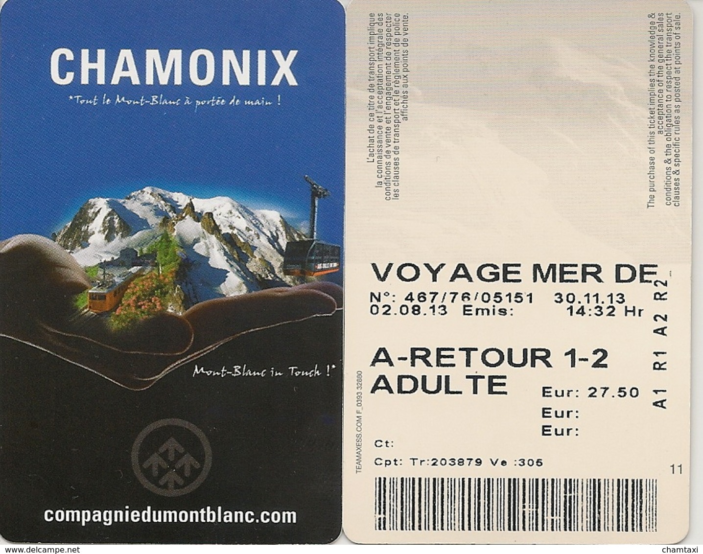 74 CHAMONIX MONT BLANC BILLET RETOUR ADULTE CHEMIN DE FER A CREMAILLERE DU MONTENVERS MER DE GLACE - Europa