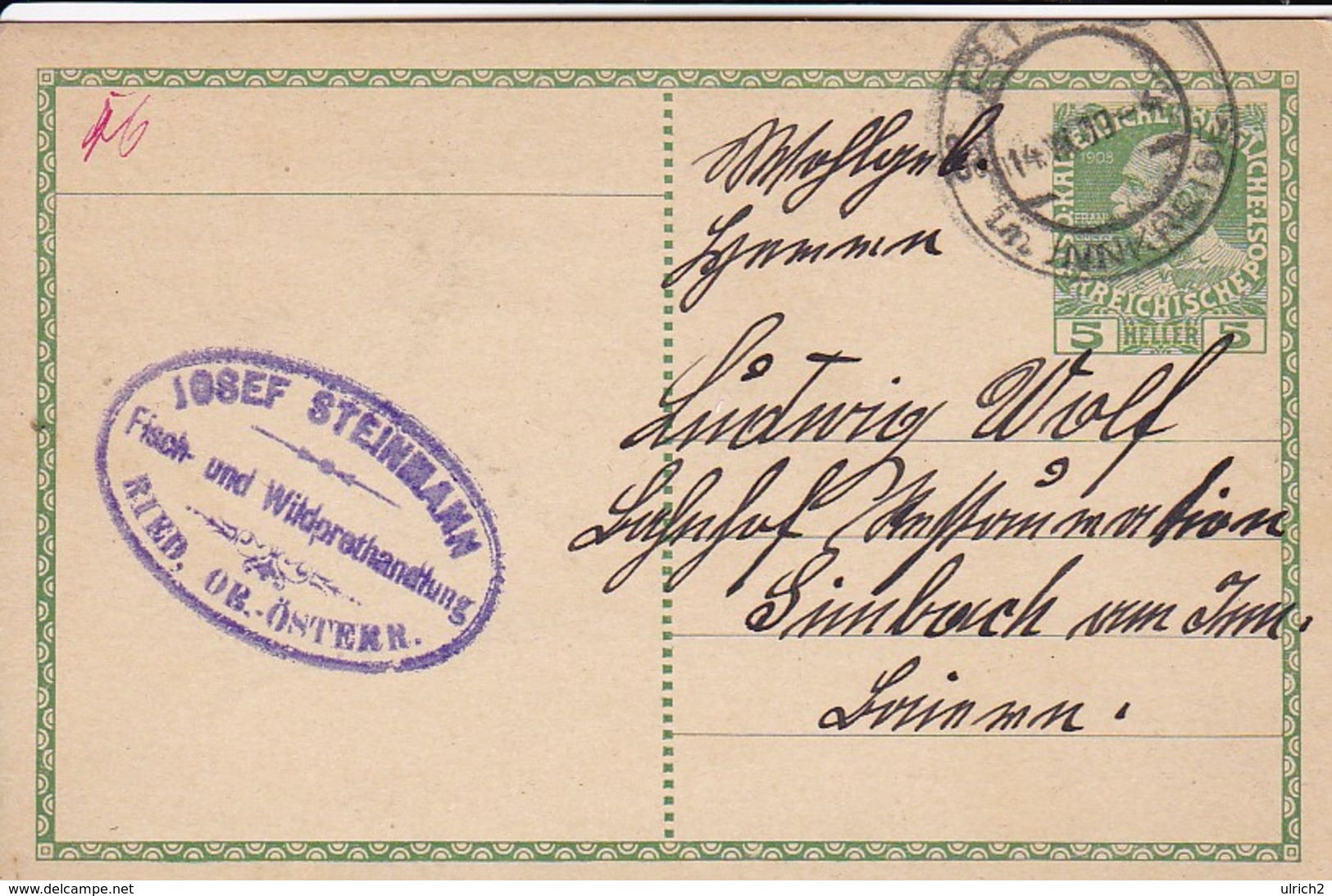 Postkarte Ried Im Innkreis Nach Simbach Am Inn - Steinmann Fisch- Und Wildprethandlung - 1909 (41533) - Briefe U. Dokumente