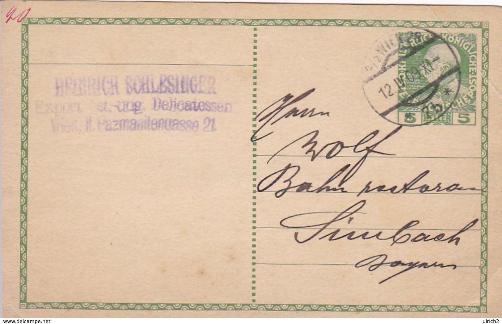 Postkarte Ried Nach Simbach - Fa. Heinrich Schlesinger Export öst,-ung. Delicatessen - 1909 (41535) - Briefe U. Dokumente