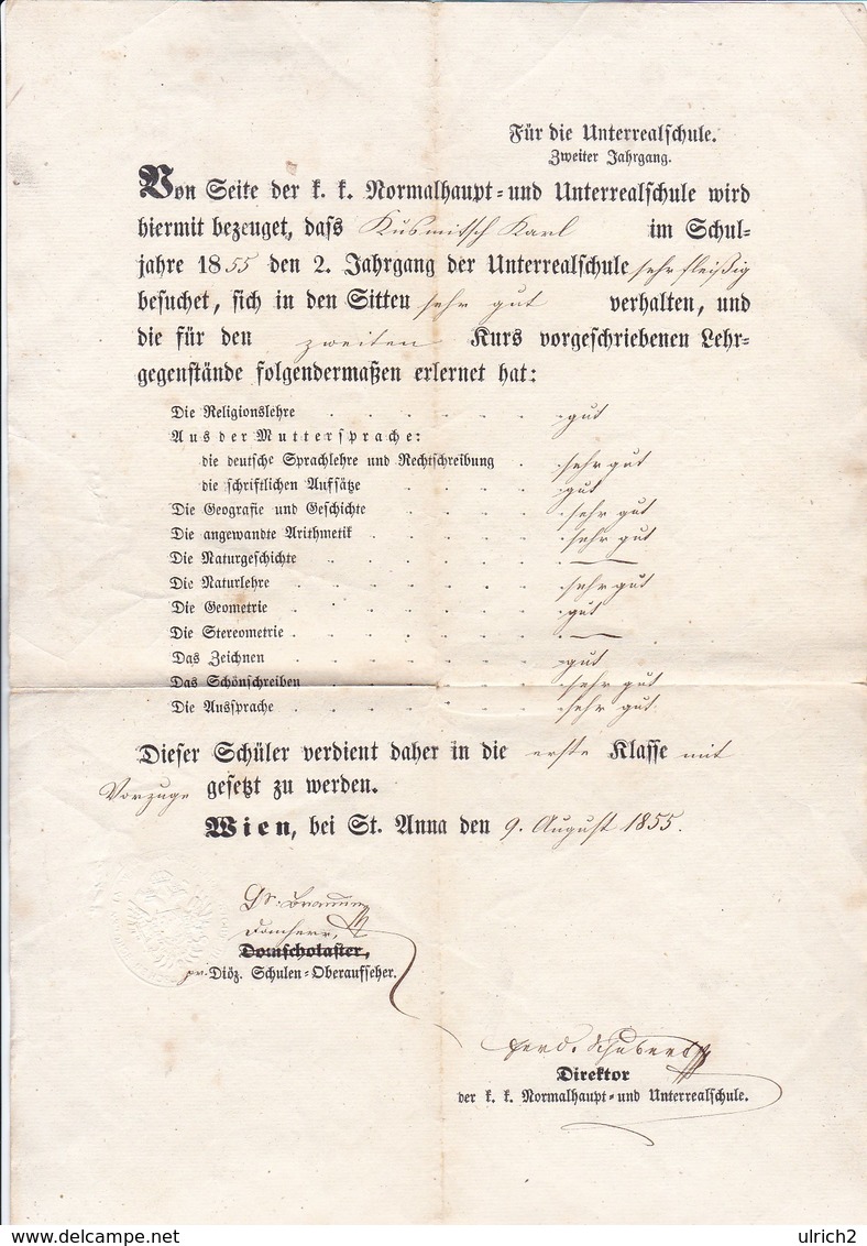 Schulzeugnis Wien St. Anna 1855 (41540) - Diplome Und Schulzeugnisse