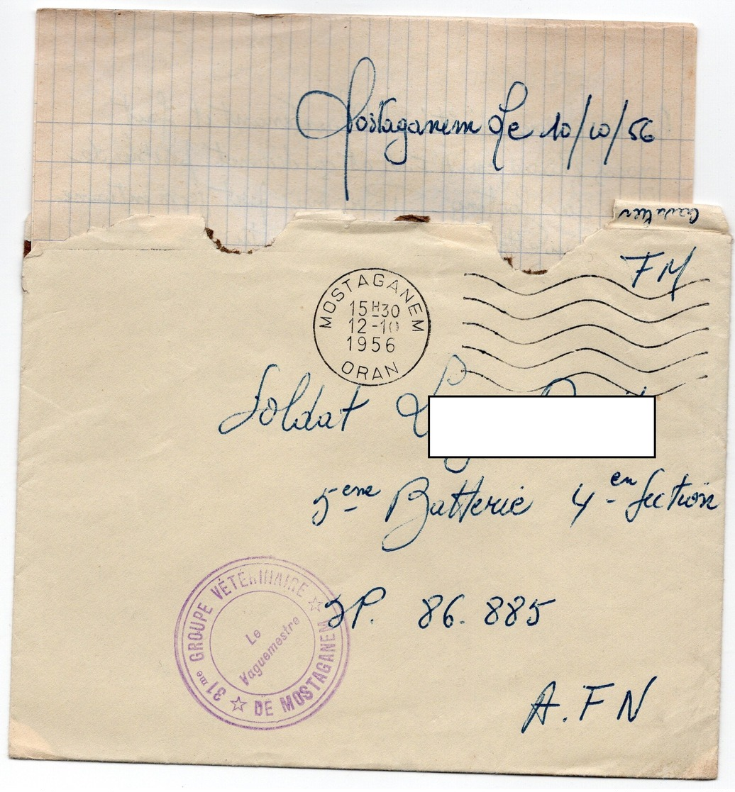 LAC 1956 - Cachet MOSTAGANEM - ORAN & Cachet 31èm Groupe Vérérinaire De MOSTAGANEM - AFN - Covers & Documents