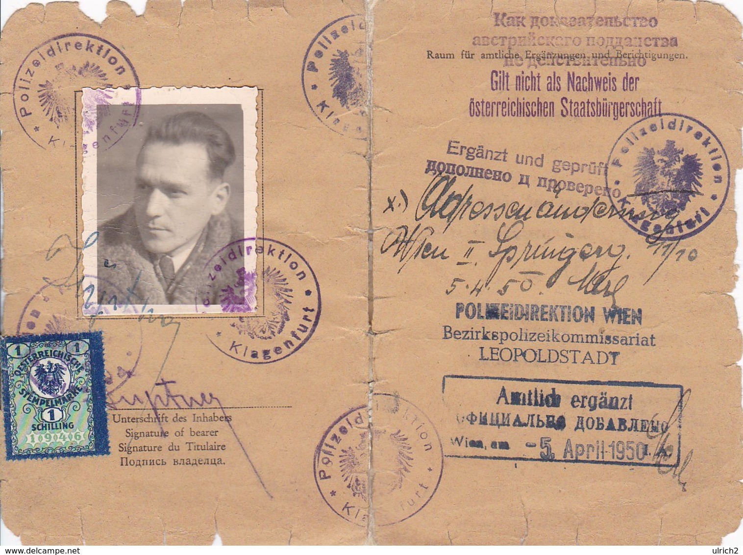 Identitätsausweis Klagenfurt 1950 - Viersprachig - Mit Stempel Der Russ. Behörden (41541) - Historische Dokumente