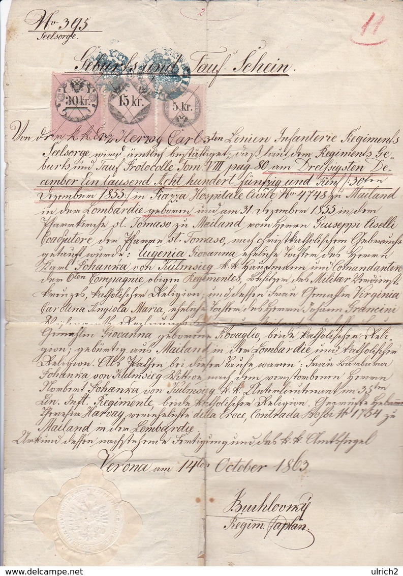 Geburts- Und Taufschein Mit Stempelmarken - Verona 1863 (41546) - Historische Dokumente