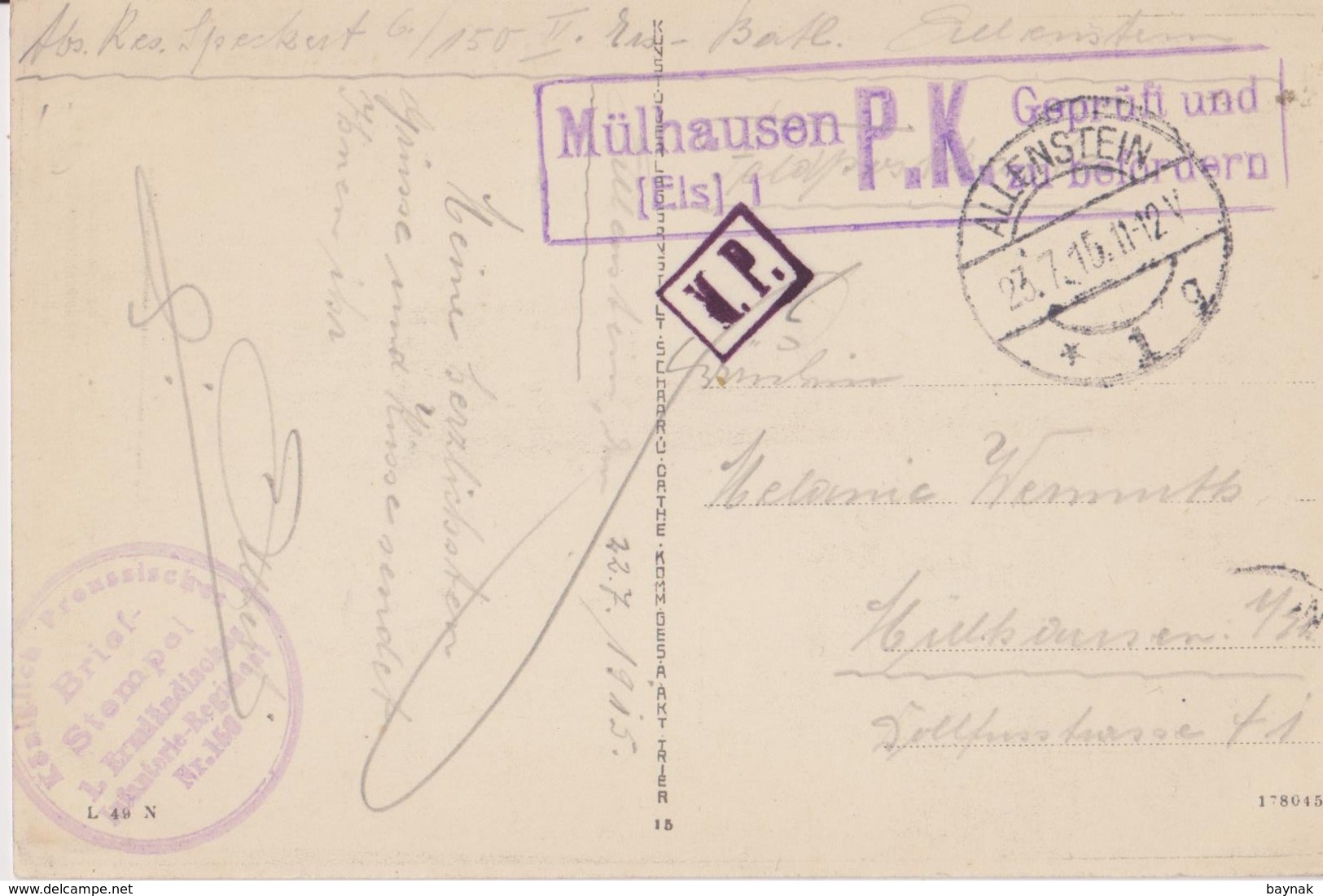 PL192   --   ALLENSTEIN  --  OLSZTYN  ---  OBER - REALSCHULE  ---   1915  -  ZENSUR   MULHAUSEN, ELS. - Polen