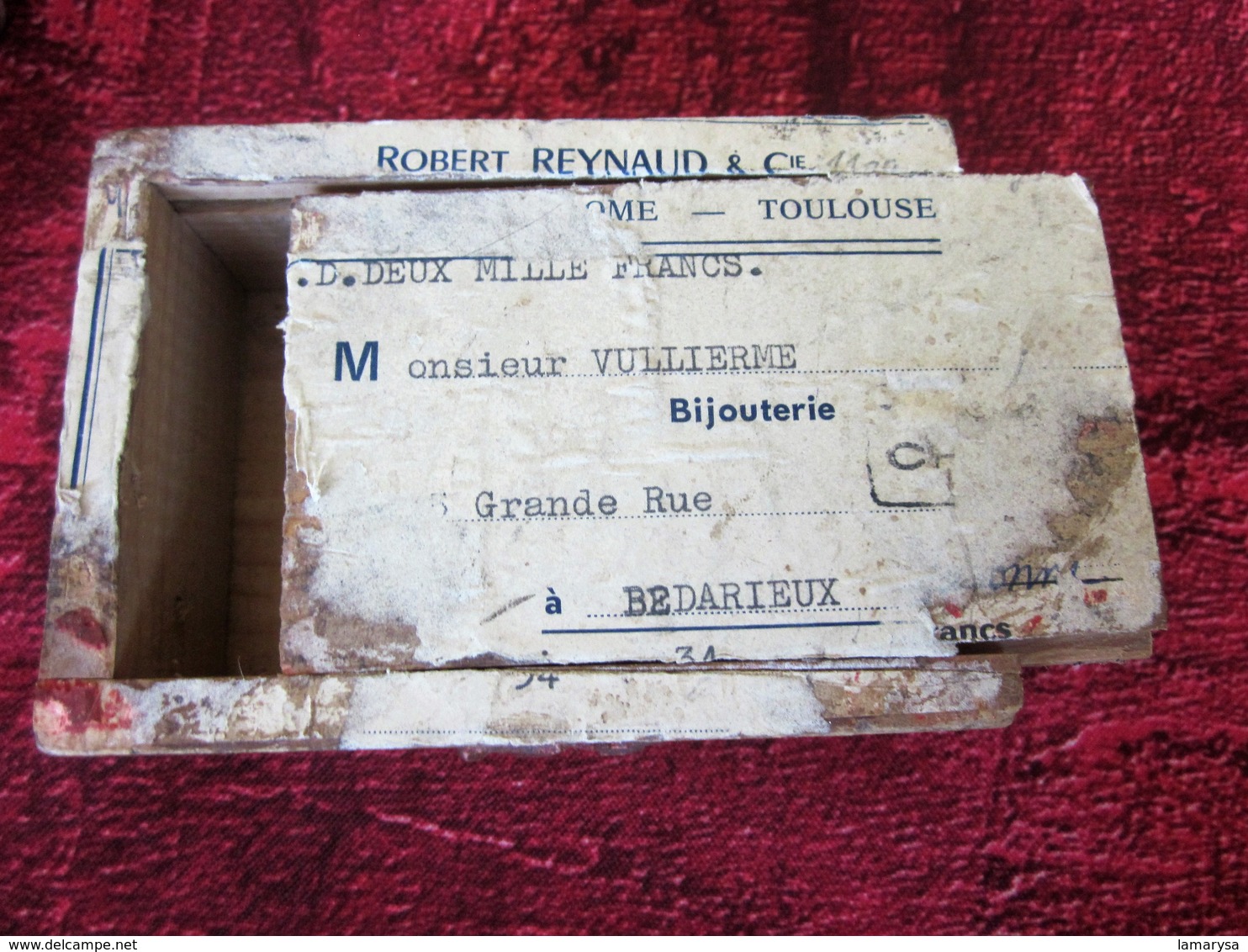 BOITE V.D VALEUR DÉCLARÉE CHARGÉE 2000 Francs LYON GROLEE CACHETS CIRE R.R-EXPÉDITEUR TOULOUSE Pour BIJOUTIER BEDARIEUX - Other & Unclassified