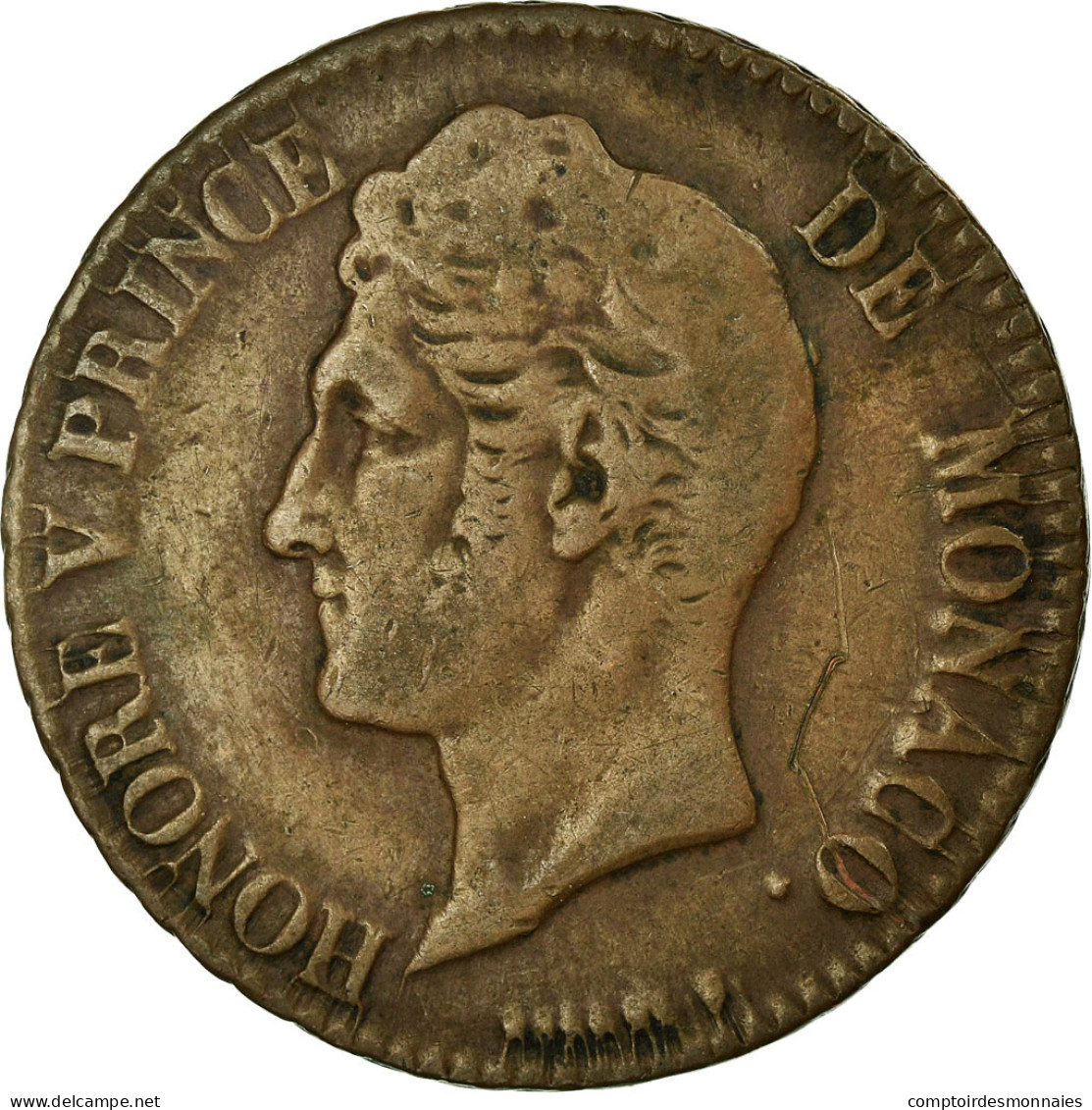 Monnaie, Monaco, Honore V, 5 Centimes, Cinq, 1837, Monaco, TB+, Cast Brass - 1819-1922 Honoré V, Charles III, Albert I