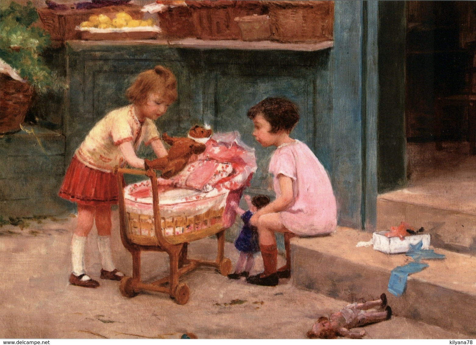 LITTLE GIRLS Play With TEDDY BEAR Toy Doll By Gilbert New Unposted Postcard - Sonstige & Ohne Zuordnung