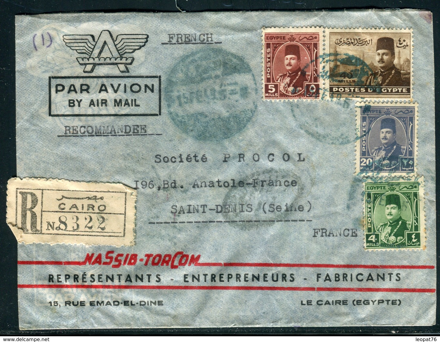 Egypte - Enveloppe Commerciale En Recommandé Du Caire Pour La France En 1949 , Affranchissement Plaisant -  Réf M70 - Storia Postale