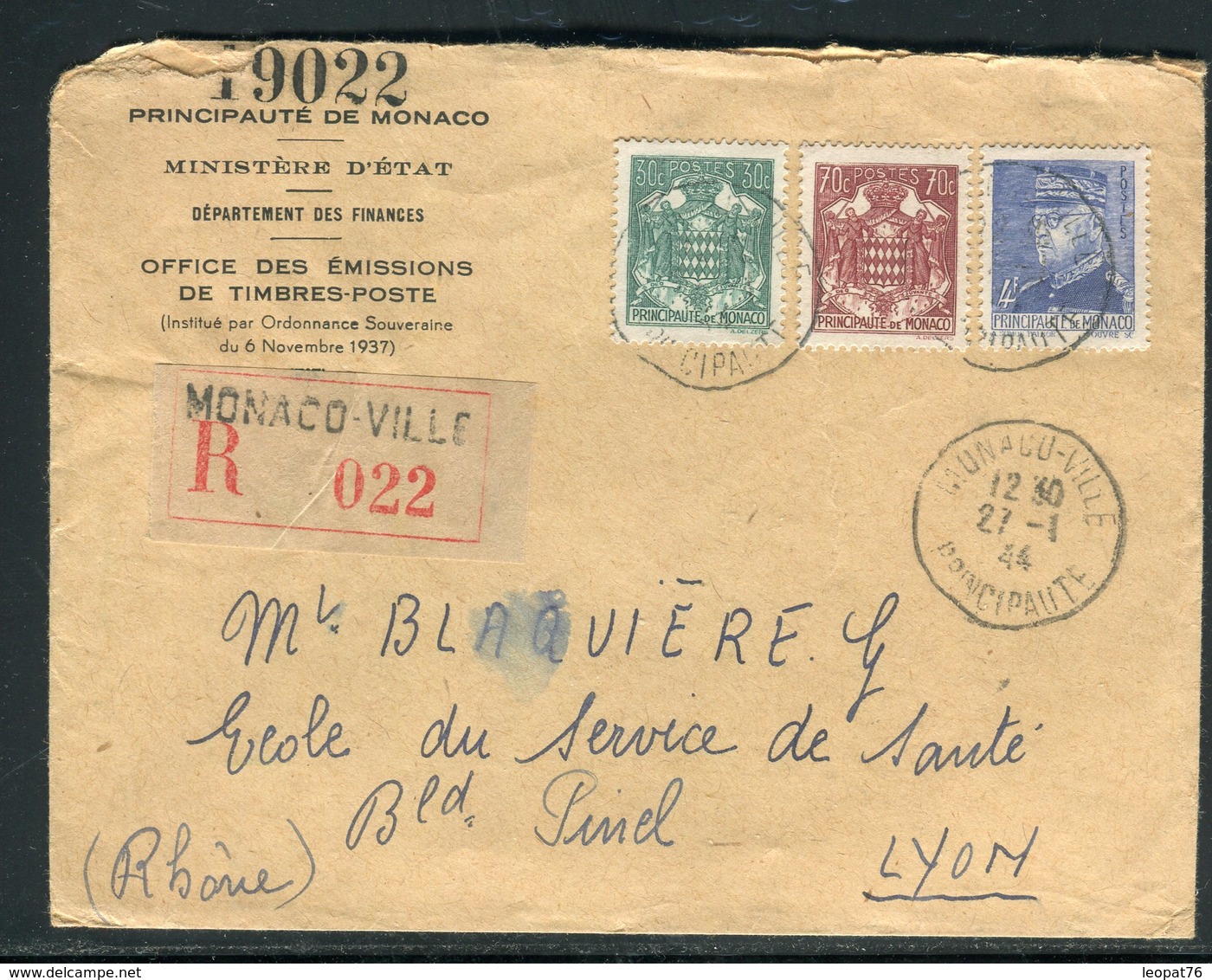 Monaco - Enveloppe En Recommandé Pour Lyon En 1944 -  Réf M101 - Storia Postale