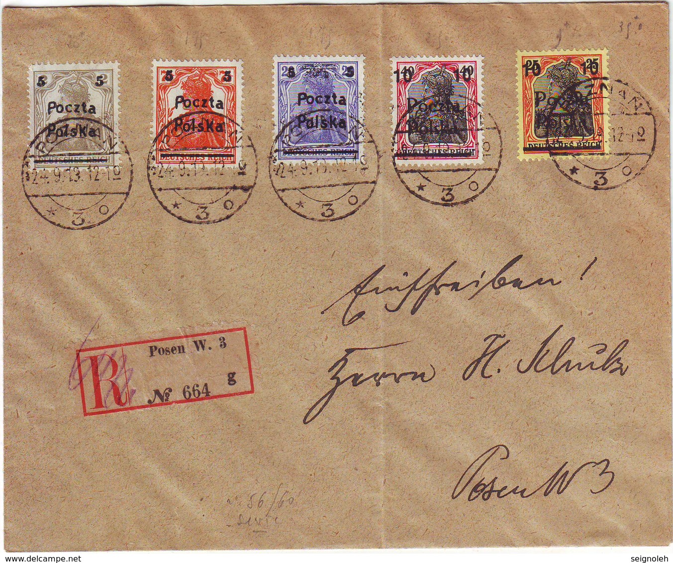 POLOGNE Serie N° 56 à 60 Sur Lettre Obl POZNAN 1919 , Germania Surcharges POLSKA - Lettres & Documents